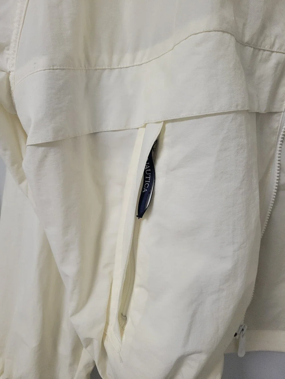 Vintage Nautica Ocean Sportsman Jacket Mens XL Ivory Navy Hidden Hood Sailing
